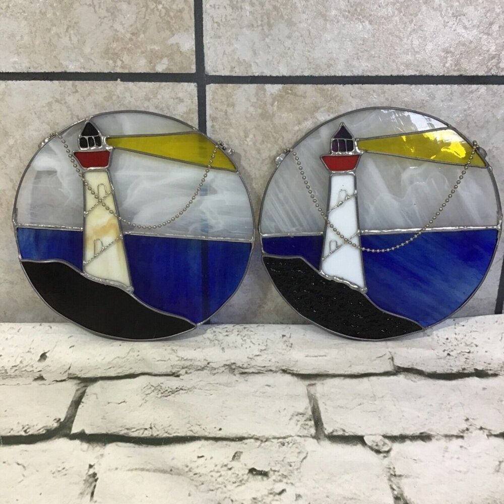 Suncatcher Lot Of 2 Lighthouse Scene Ocean Blue White Circular Chain Hung 8”